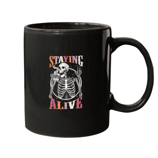 Discover Staying Alive Skeleton Drinking Coffee Lover Gif Mugs
