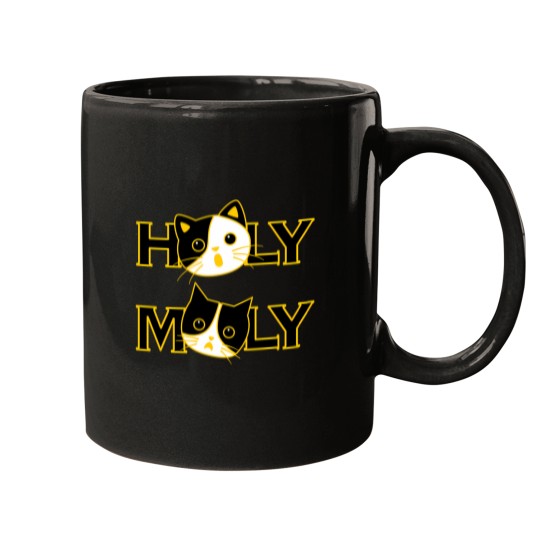 Discover Funny 'Holy Moly' Cat Design Expressive Black And Yellow Cartoon Art Mugs