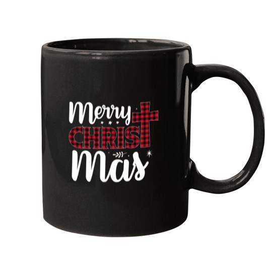Discover Christmas-Merry-Xmas-Holiday-Christ-Plaid-Present T-Shirt Mugs