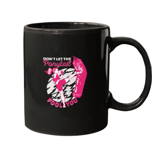 Discover Funny Horse Womens Kickboxing Girl Muay Thai Dont Let The Ponytail Fool You Mugs