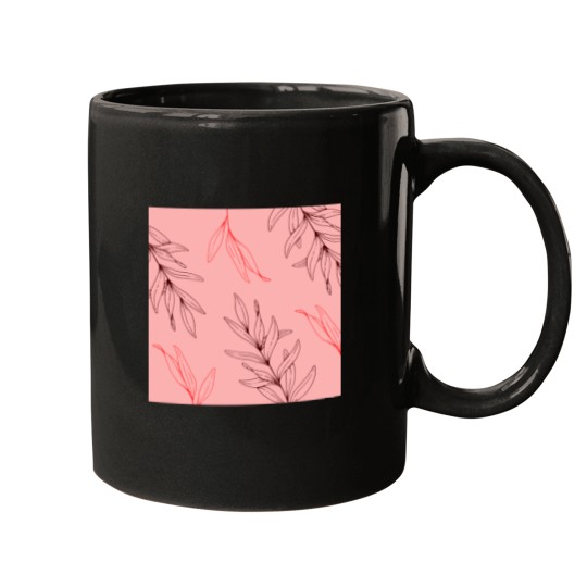 Discover Pink Red Tropical Leaves Line Drawing   T-Shirt Mugs