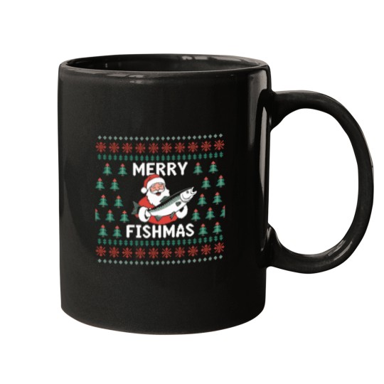 Discover Fisherman-Funny-Christmas-Pajama-Merry-Fishmas-Ugly-Fishing-Active-T-Shirt Mugs
