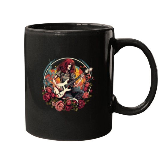 Discover woman playing guitar zombies and roses Mugs