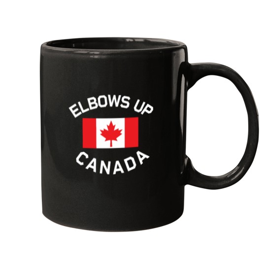 Discover Elbows Up Buy Canadian Logo  with Canadian flags Mugs