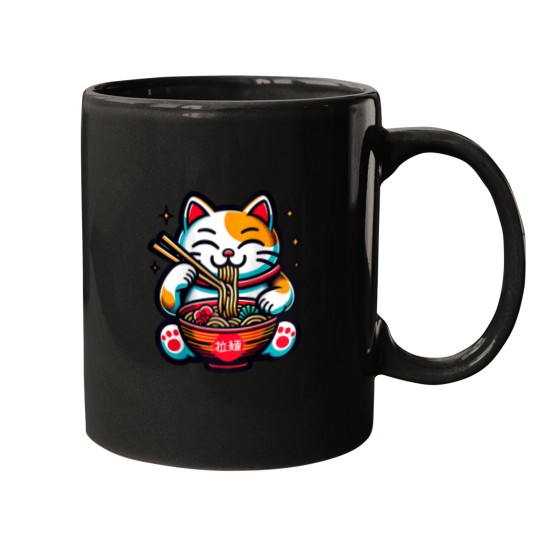 Discover Maneki neko Beckoning Cat Of Good Luck Eating Ramssen Funny Mugs