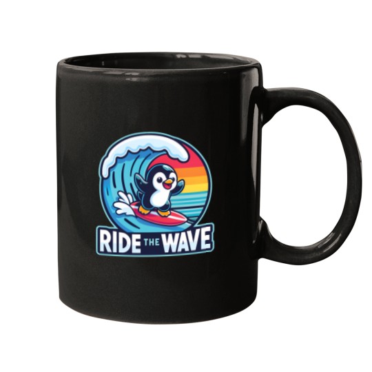 Discover Ride The Wave Cute Funny Penguin Surfing Active T Tee Mugs