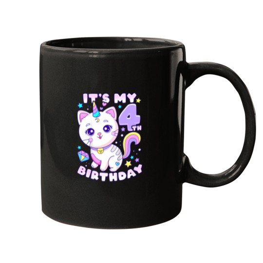 Discover Birthday-Girl-4-Years-Old-Cat-Unicorn-4Th-Birthday-T-Shirt Mugs
