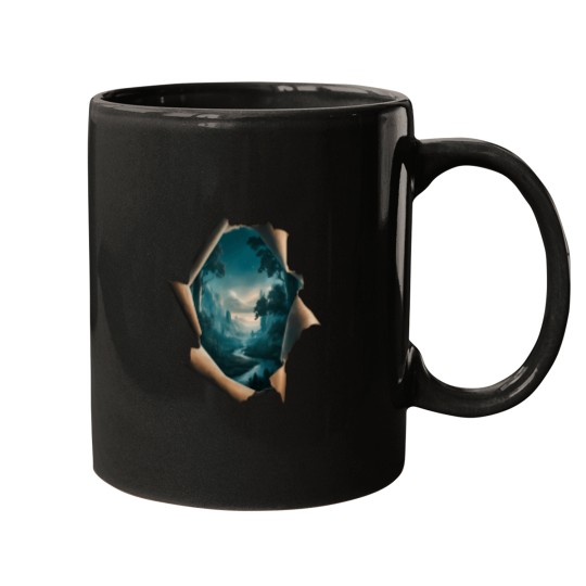Discover Forest-Scene-That-Peeks-Through-Rip--Ped T-Shirt Mugs