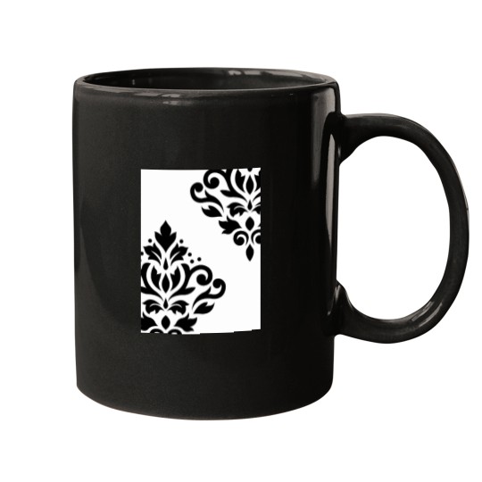 Discover Scroll-Damask-Art-I-Black-On-White T-Shirt Mugs