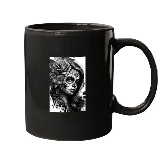 Discover Black and White Day of the Dead Girl Tattoo Style Art Print Mugs