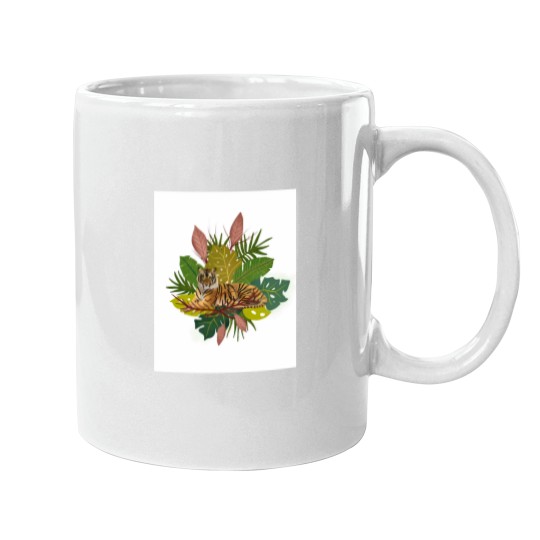Discover Tigers and Jungless Leaves Digital Artwork Mugs