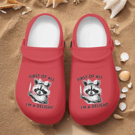 Discover Raccoon Nurse Clogs, First of All I'm A Delight, Meme Nurse Clogs, Funny Raccoon Nurse Clogs