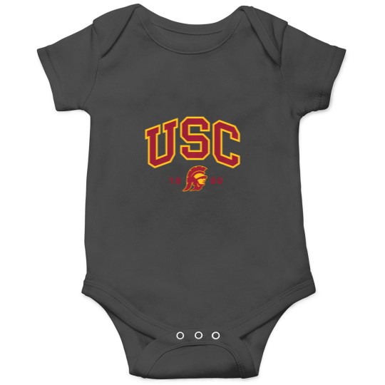 Discover usc curved block logo with cardinal gold trojan 1880 sweat Onesies