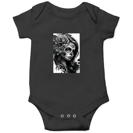 Discover Black and White Day of the Dead Girl Tattoo Style Art Print Onesies