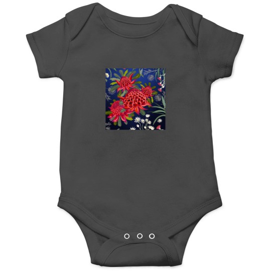 Discover Botanical Australian Native Flowers Waratah Forals Red Blue Bright Contemporary Art Onesies