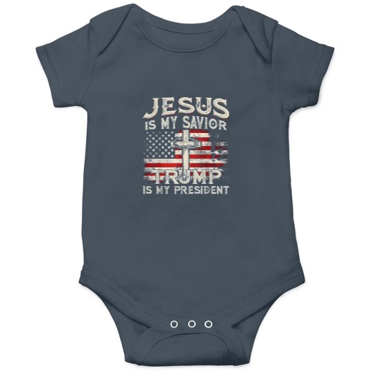 Discover Jesus Is My Savior Trump Is My President American Flag Onesies