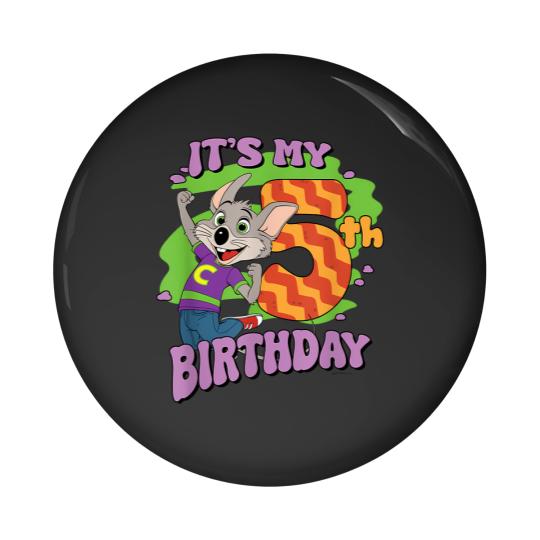 Discover chuck e cheese it's my 5th birthday happy chuck chest logo Pin Buttons