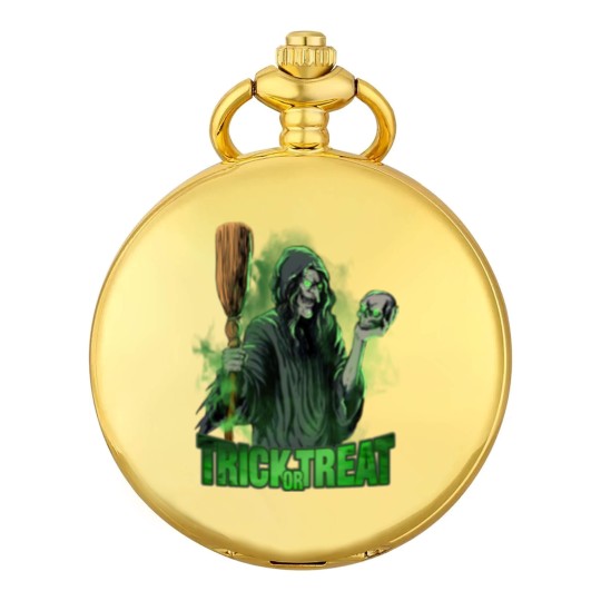 Discover Scary evil Witch with Skull and Broom Halloween Pocket Watches