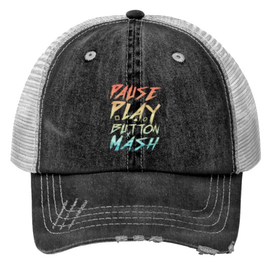 Discover Pause Play And Button Mash Sunset Arcade Print Trucker Hats