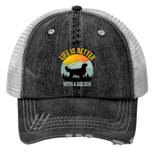 Discover Life Is Better With A Golden Retriever Summer Vintage Sun Print Trucker Hats
