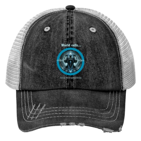 Discover "World calls, listen to it attentively." Print Trucker Hats