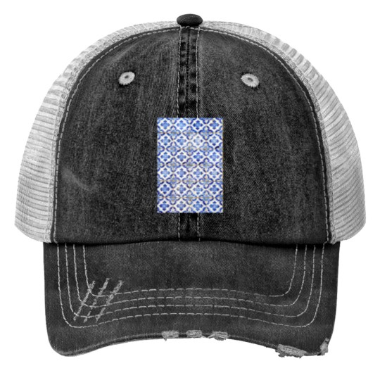 Discover Portuguese tiles. Blue flowers and leaves Long Print Trucker Hats