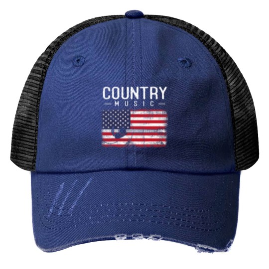 Discover Country Music Vintage Guitar American Flag 21 Print Trucker Hats
