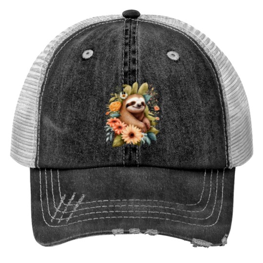 Discover Sloth Lover Print Trucker Hats with Floral and Graphic Themes