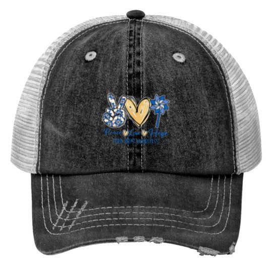 Discover Peace Love Hope Print Trucker Hats, Child Abuse Awareness Print Trucker Hats