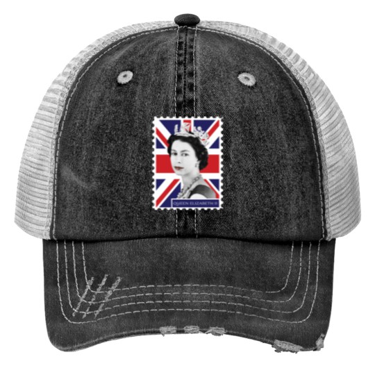 Discover Queen Elizabeth II Stamp_ Union Jack Print Trucker Hats