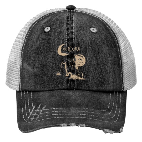 Discover Vintage The Cure Cat Moon Print Trucker Hats, The Cure Rock Band Print Trucker Hats, The Cure Merch, The Cure Album Print Trucker Hats, The Cure Gift For Men