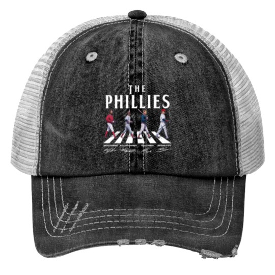 Discover SALE!!! Phillies Walking Abbey Road Signatures Baseball 2023 Signatures Print Trucker Hats