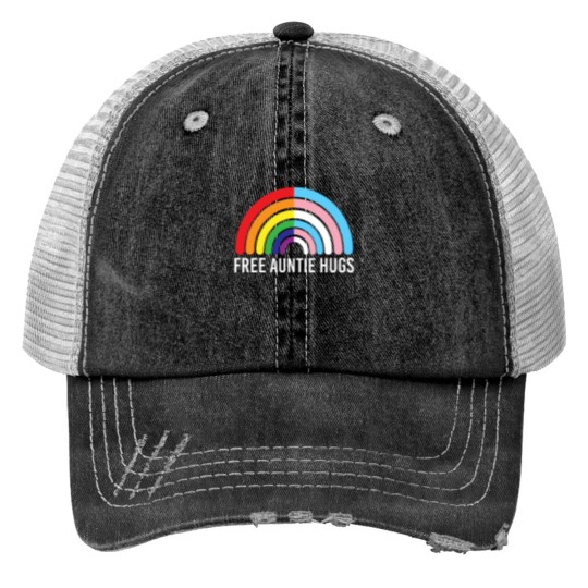 Discover Free Auntie Hugs Rainbow Transgender Flag LGBTQ Gay Pride Print Trucker Hats