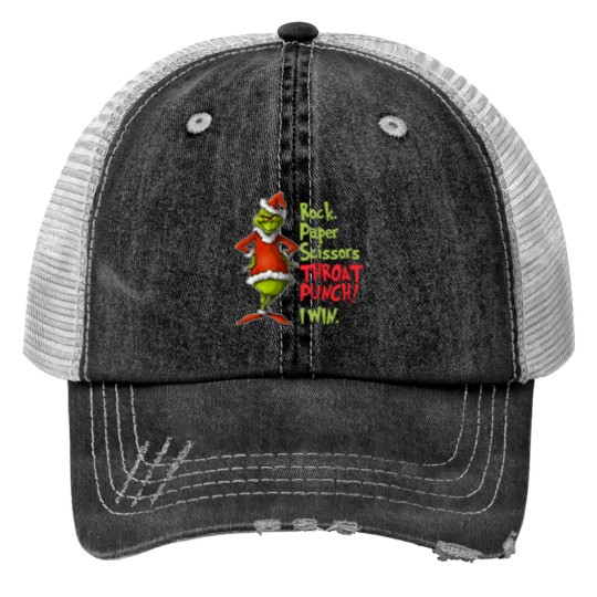 Discover Grin Rock Paper Scissors Throat Punch, Win Print Trucker Hats, Rock Paper Scissors Print Trucker Hats