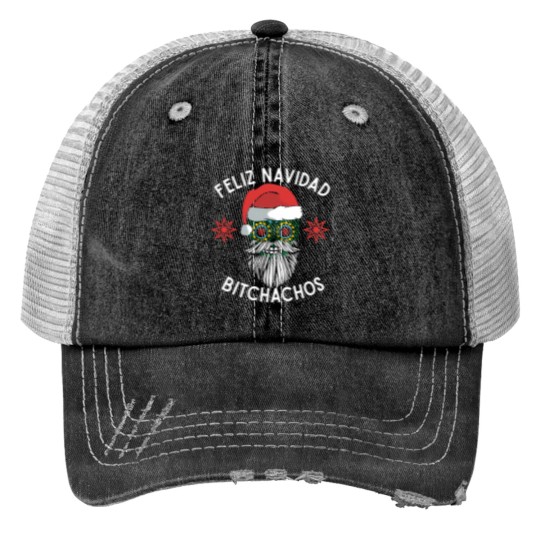 Discover Feliz Navidad Bitchachos Merry Spanish Christmas Mexican Sugar Skull In Santa'S Hat Print Trucker Hats