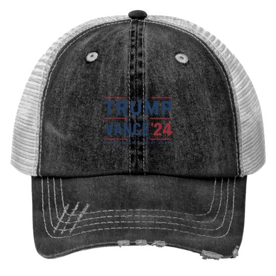 Discover Trump 2024 Print Trucker Hats featuring President Trump and JD Vance