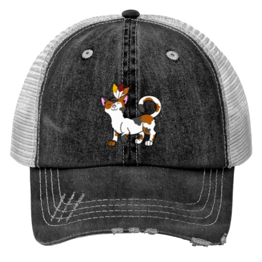 Discover Thanksgiving Calico Cat with Indian Headdress Perfect Gift Print Trucker Hats