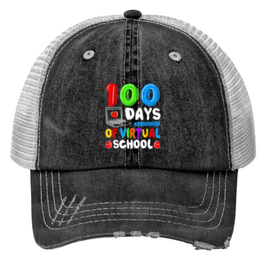 Discover 100 Days Of Virtual School Funny 100th Day Print Trucker Hats