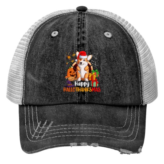 Discover Corgi Dog Happy Hallothanksmas Welsh Corgi Lover H Print Trucker Hats
