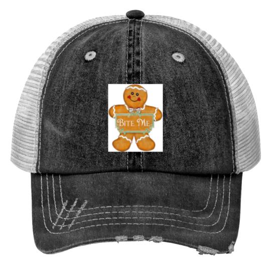 Discover Christmas Gingerbread Man - Bite Me Print Trucker Hats