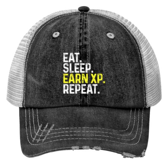 Discover Eat Sleep Earn XP Repeat Funny Gamer Gaming Print Trucker Hats