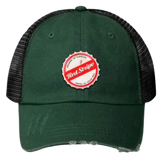 Discover Red Stripe Bottle Cap Print Trucker Hats