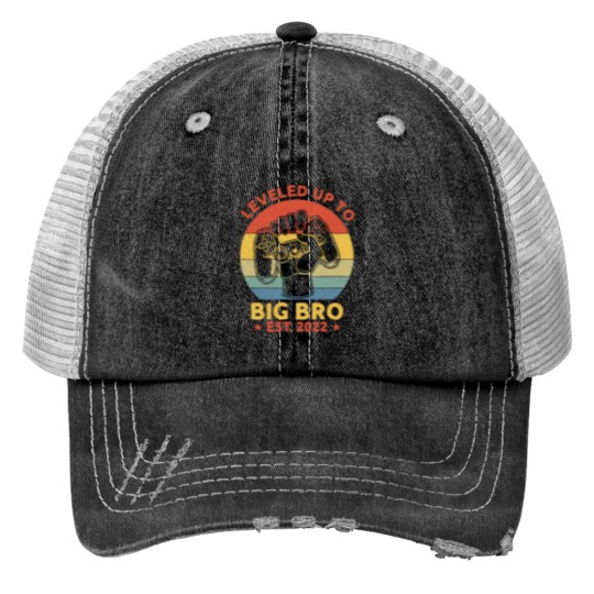 Discover Leveled Up To Big Bro EST 2022 Big Brother Gift - New Brother Siblings Print Trucker Hats