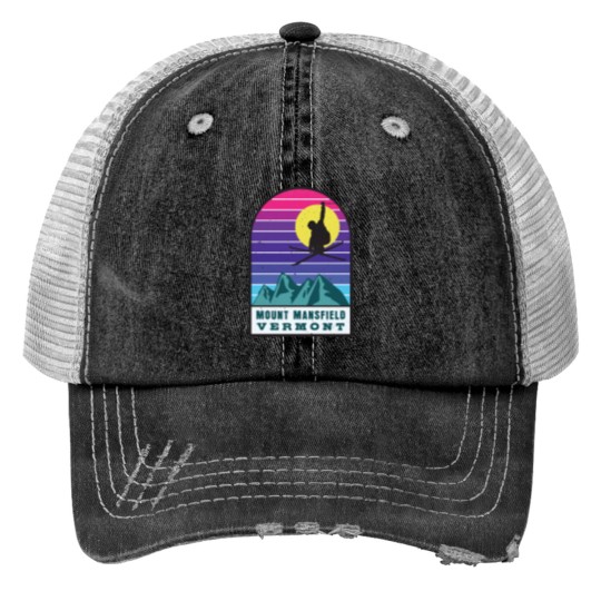 Discover skis Mount Mansfield Vermont Retro Sunset actives Print Trucker Hats