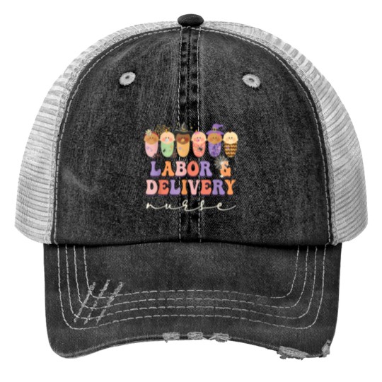 Discover Labor and Delivery Nurse  - L&D Nurse  - babys Nurse Shirts - Retro Nurse  - Nur Print Trucker Hats