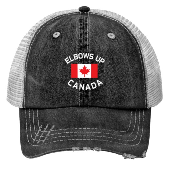 Discover Elbows Up Buy Canadian Logo  with Canadian flags Print Trucker Hats