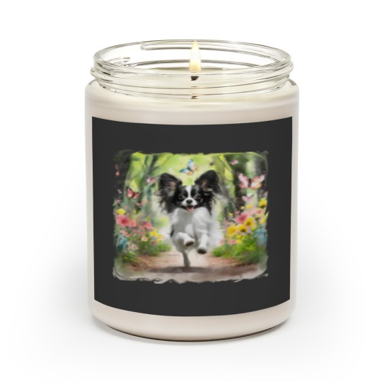 Discover beautiful black and white papillon dog running down a path Scented Candles