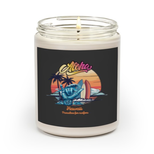 Discover Aloha, Hawaii, paradise for surfers,cool graphic with hawaiian "shaka" gesture Scented Candles