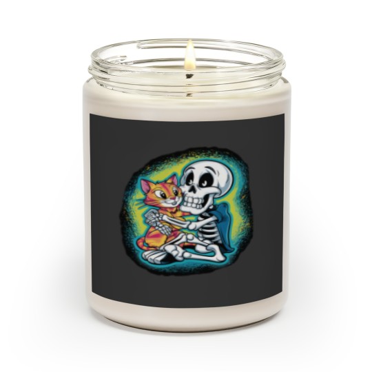 Discover HALLUAN-skeleton hugging cat hoddie design digital art Scented Candles