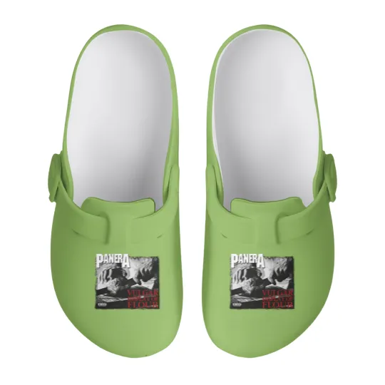 Discover PANERA Vulgar Display Of FLOUR Metal Band Parody Spoof Mayhem Skull Slip On Clogs
